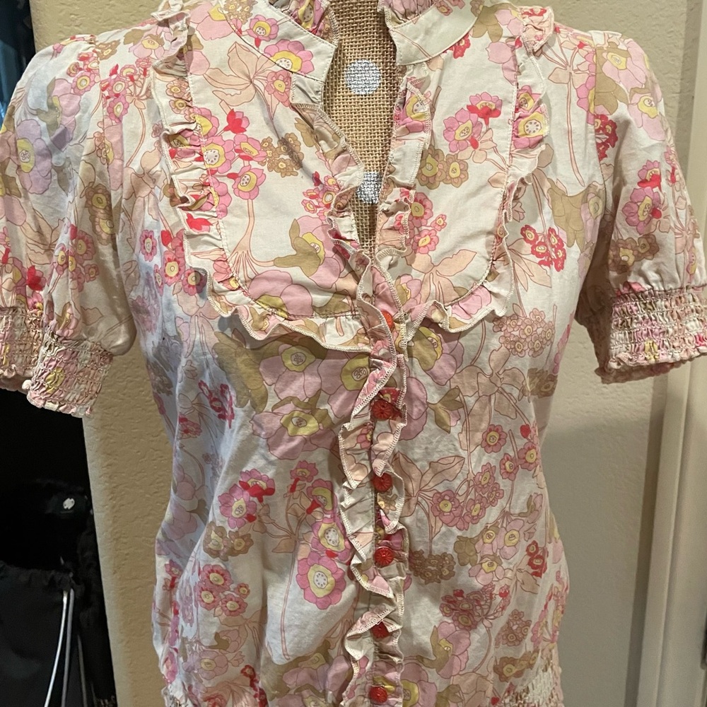 Sanctuary Pink and Tan Ruffled Blouse with Mandarin Collar